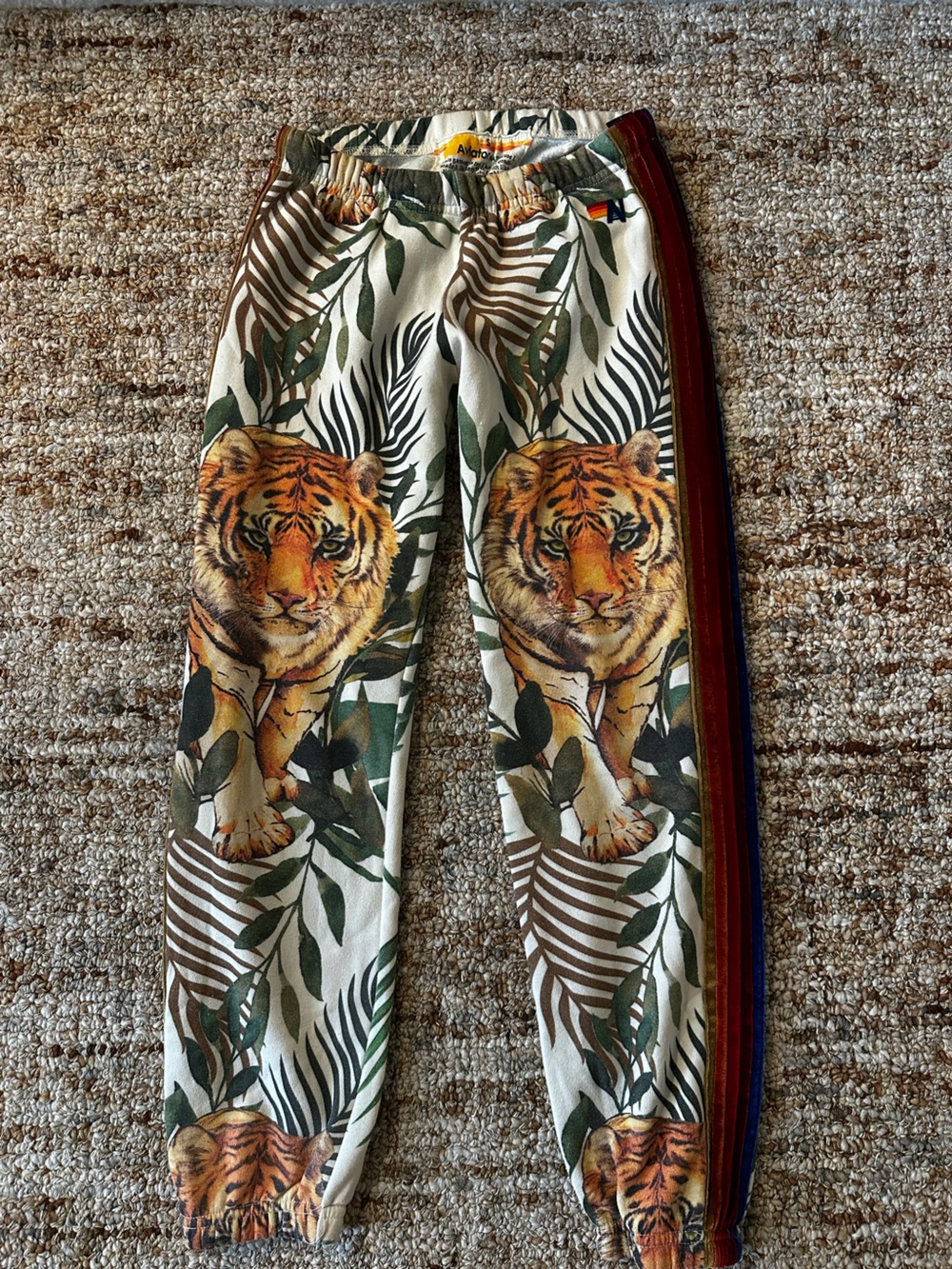 Rare Aviator Nation Tiger Jungle Print Track Pants in Cream